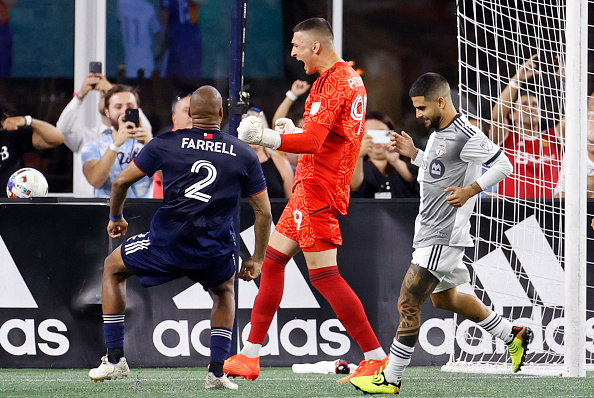 New England Revolution goalkeeper, Djordje Petrovic, celebrates his penalty kick save on July 30, 2022