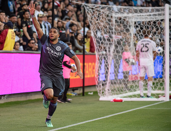 New York City FC midfielder Ismael Tajouri-Shradi celebrates his goal at Banc of California Stadium