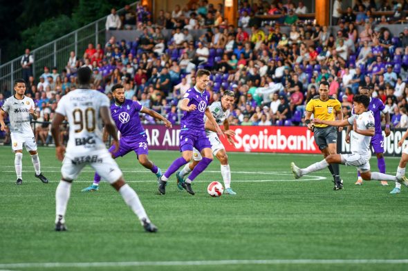 Pacific FC player Amer Didic advancing the ball at Starlight Stadium