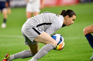 North Carolina Courage goalie Katelyn Rowland makes a save on March 30, 2022