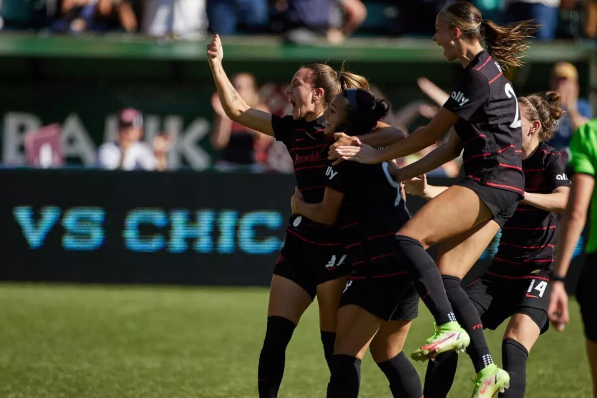 The Portland Thorns FC celebrates Taylor Porter's goal as Portland maintains first place heading into the playoff scenarios in NWSL with the final regular season weekend coming up