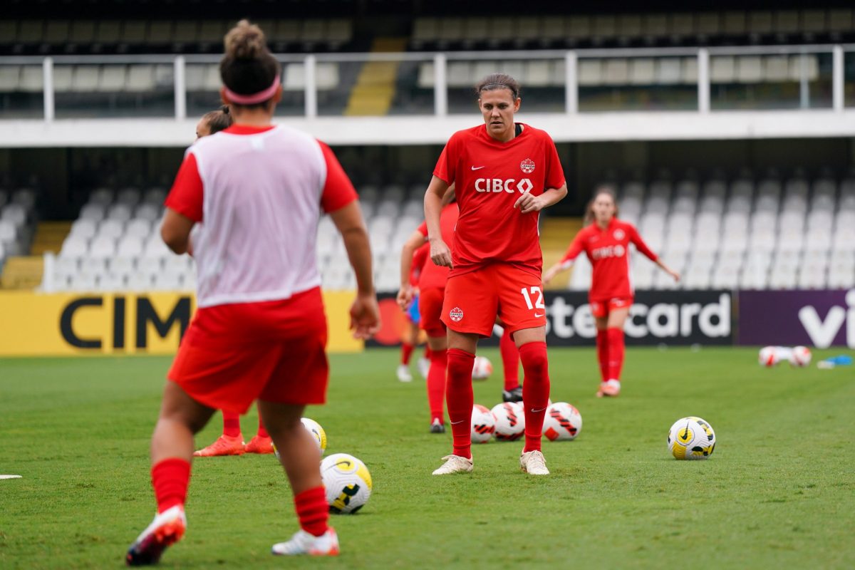 The Canadian Women's Soccer Team is Wearing the CIBC Branded Training Apparel Before the Game Against Brazil