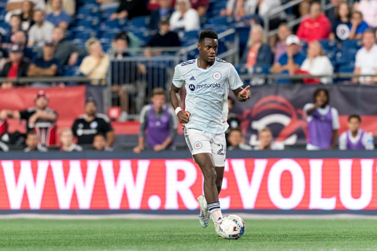 Chicago Fire FC Player, Jhon Duran Brings the Ball Forward at Gillette Stadium