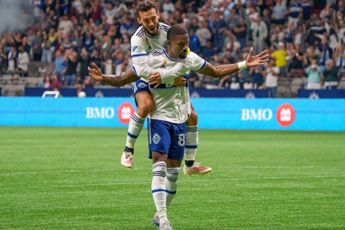 Vancouver Whitecaps FC's Russell Teibert and Tosaint Ricketts Celebrates Ricketts' Goal at BC Place
