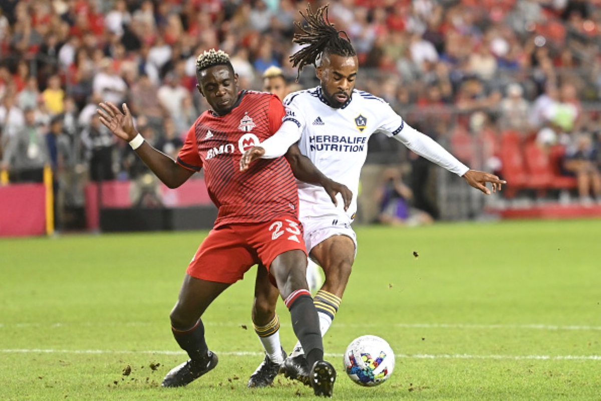 Los Angeles Galaxy Forward Raheem Edwards Is Being Defended by Toronto FC’s Chris Mavinga on August 31, 2022