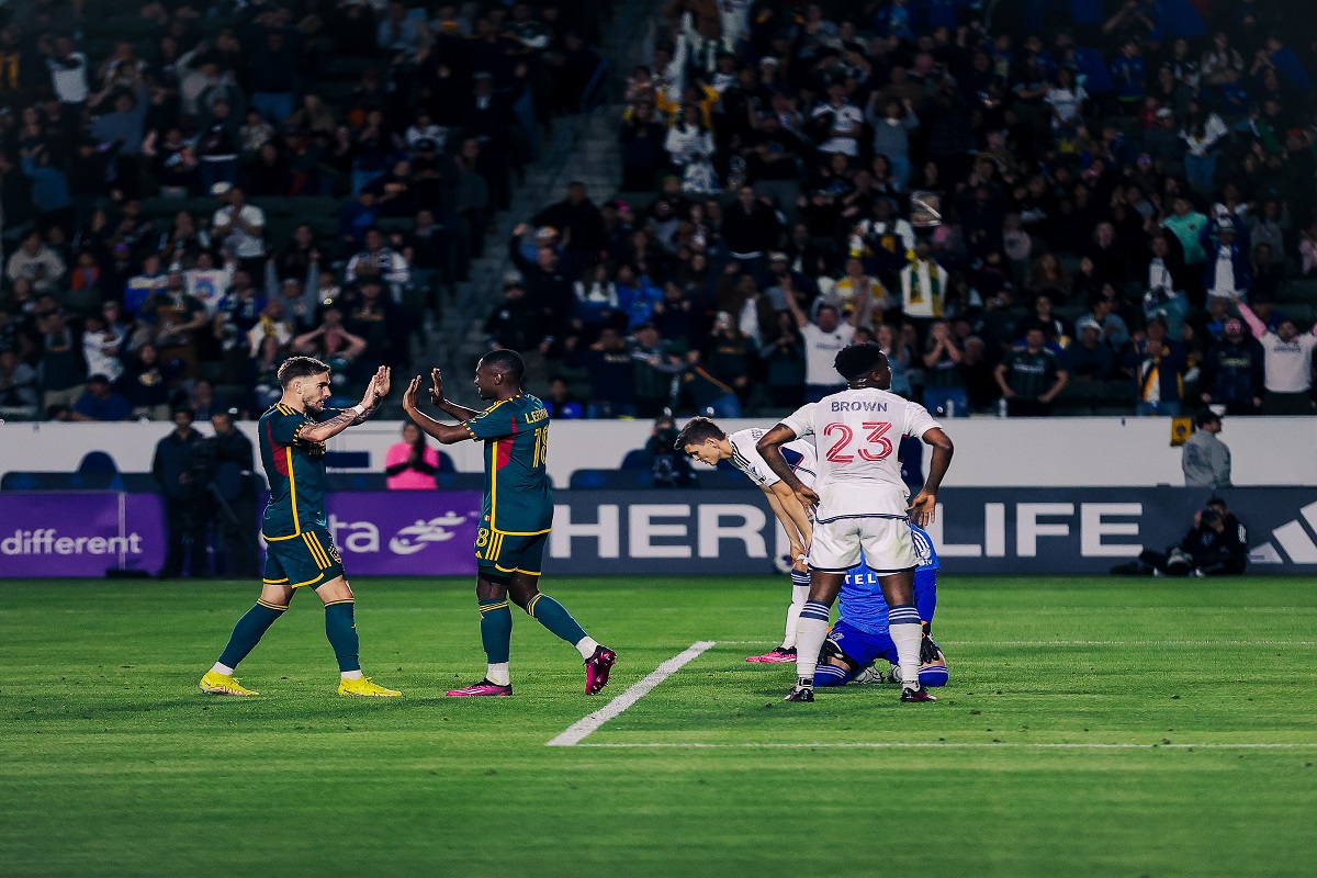 Tyler Boyd and Kelvin Leerdam of the LA Galaxy scoring a goal against Vancouver Whitecaps on Saturday, March 18, 2023. (Photo Credit: LA Galaxy)