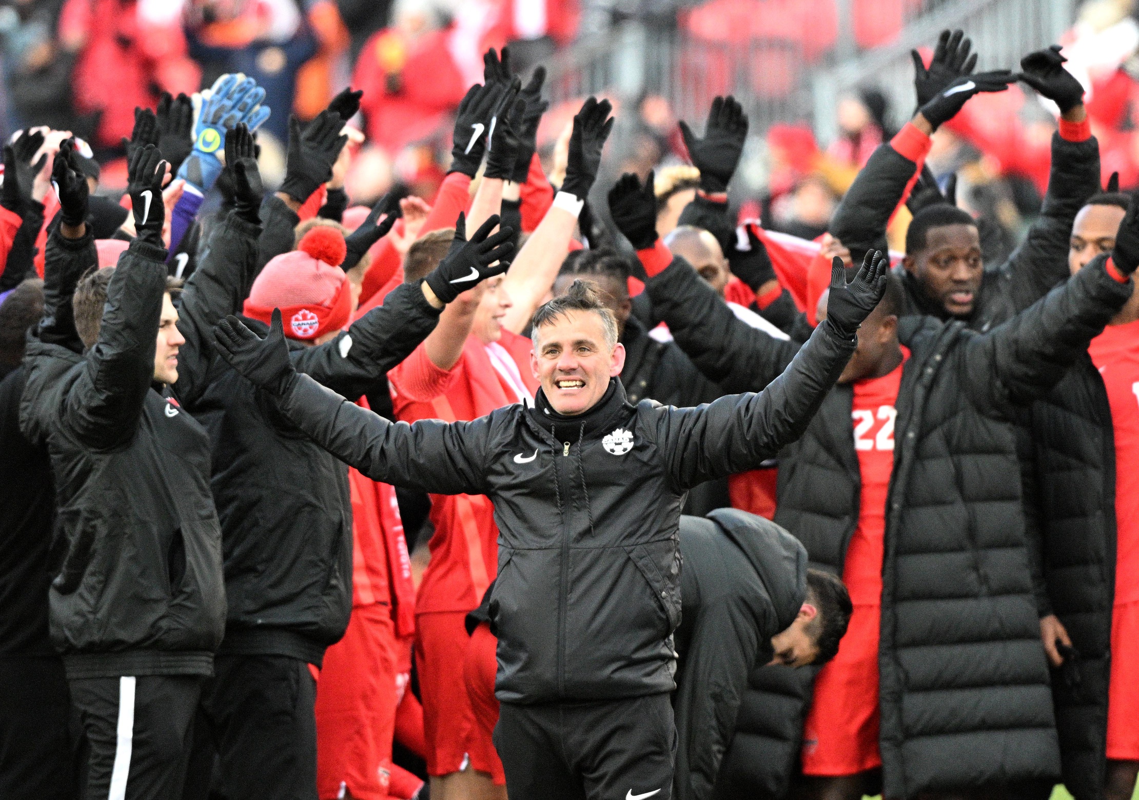 Soccer: FIFA World Cup Qualifier-Jamaica at Canada, John Herdman leading the Viking Clap on March 27, 2023