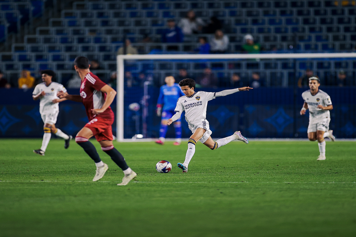 LA Galaxy attacking midfielder Riqui Puig takes a shot against Toronto FC. (Photo Credit: Los Angeles Galaxy)