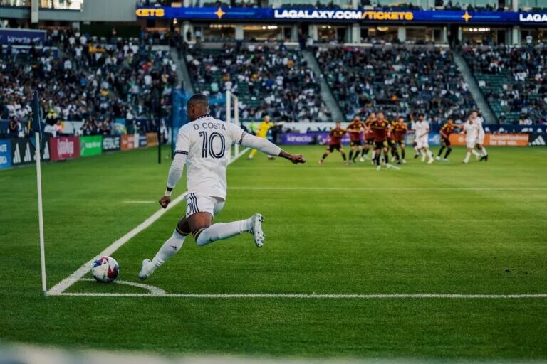 La Galaxy Right Winger Douglas Costa Takes a Corner Kick in the Galaxy’s 2-1 Loss Against the Seattle Sounders on April 1, 2023. (Photo Credit: LA Galaxy)
