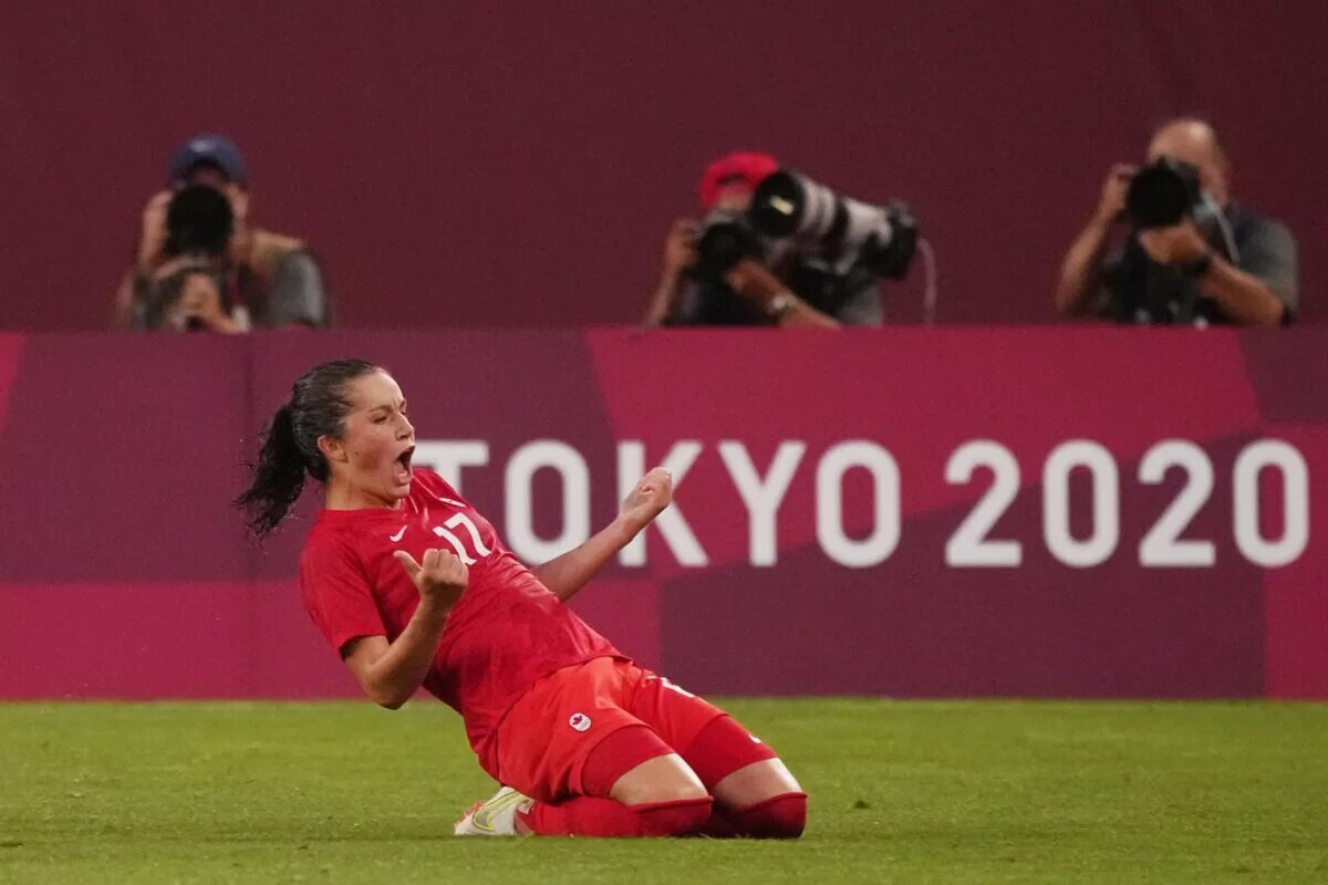 Olympics: Football-Women Semifinal - USA-CAN with Jessie Fleming Celebrating Her Goal
