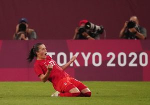 Olympics: Football-Women Semifinal - USA-CAN with Jessie Fleming Celebrating Her Goal