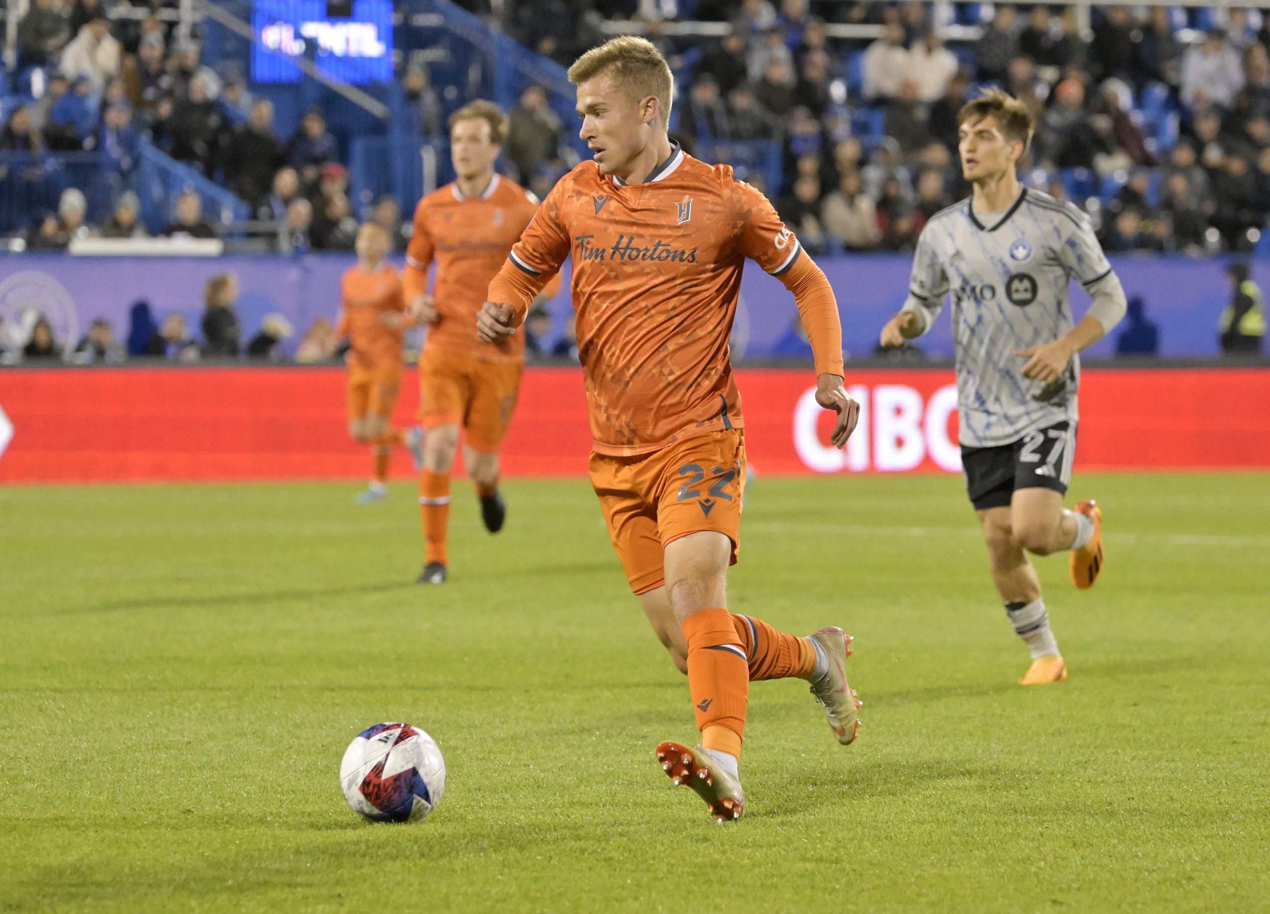 Forge FC Midfielder Noah Christoffer Jensen at Saputo Stadium, Broadcasted by OneSoccer