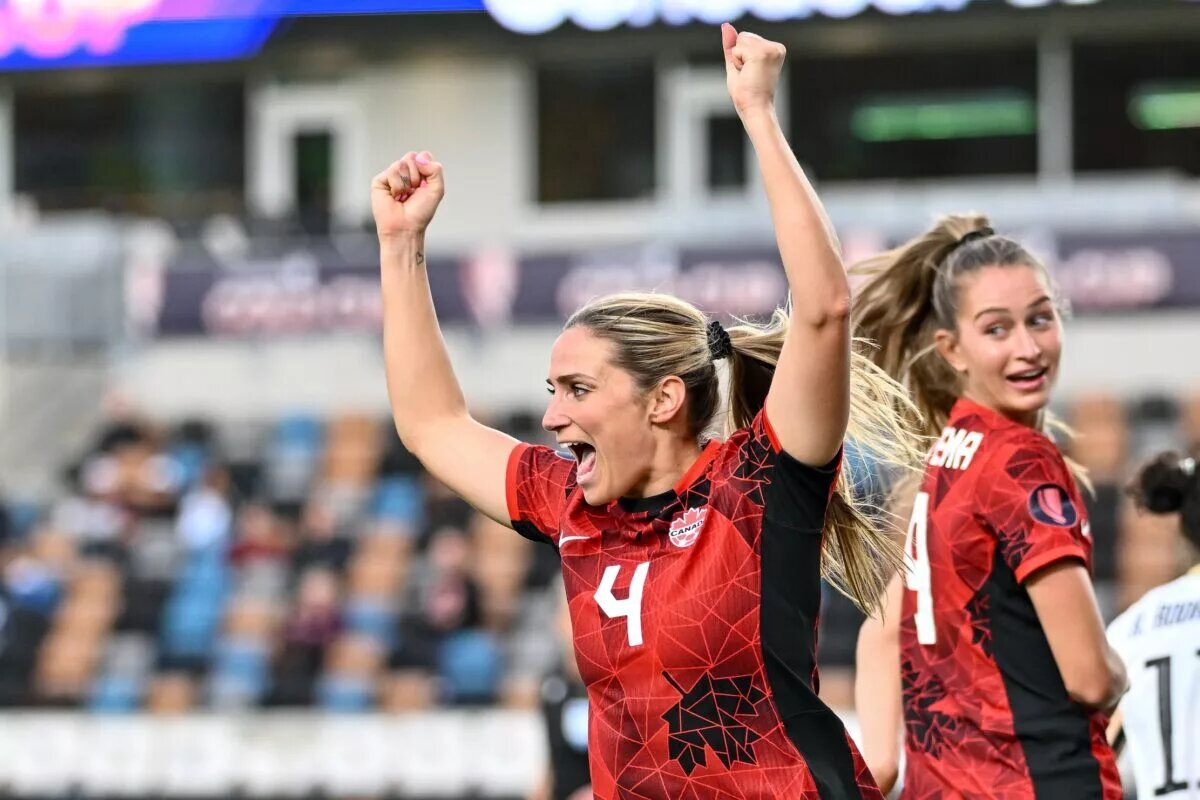 CanWNT Defender Shelina Zadorsky Celebrates Goal In One of CanWNT's Set Pieces