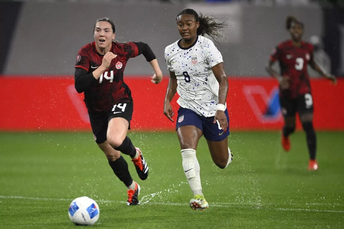 USWNT Forward, Jaedyn Shaw, With the Ball Against Canada as They Face Each Other Again in the 2024 SheBelieves Cup Final