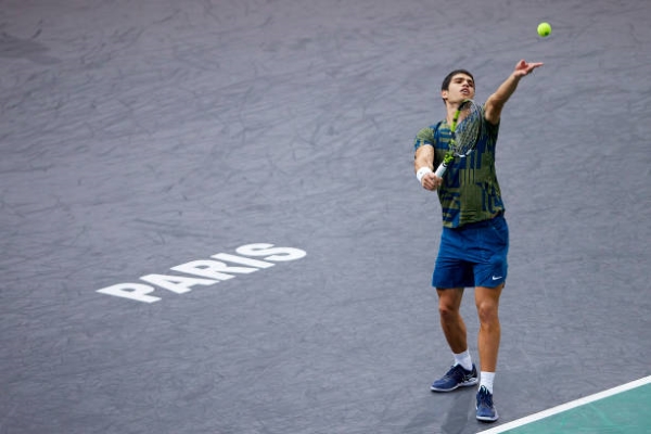 Carlos Alcaraz in action at the ATP Paris Masters.