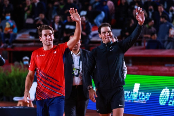 Casper Ruud and Rafael Nadal at an exhibition ahead of the 2023 ATP season.