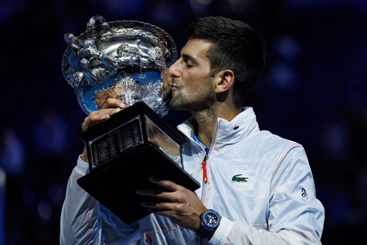 Novak Djokovic celebrates winning the Australian Open.