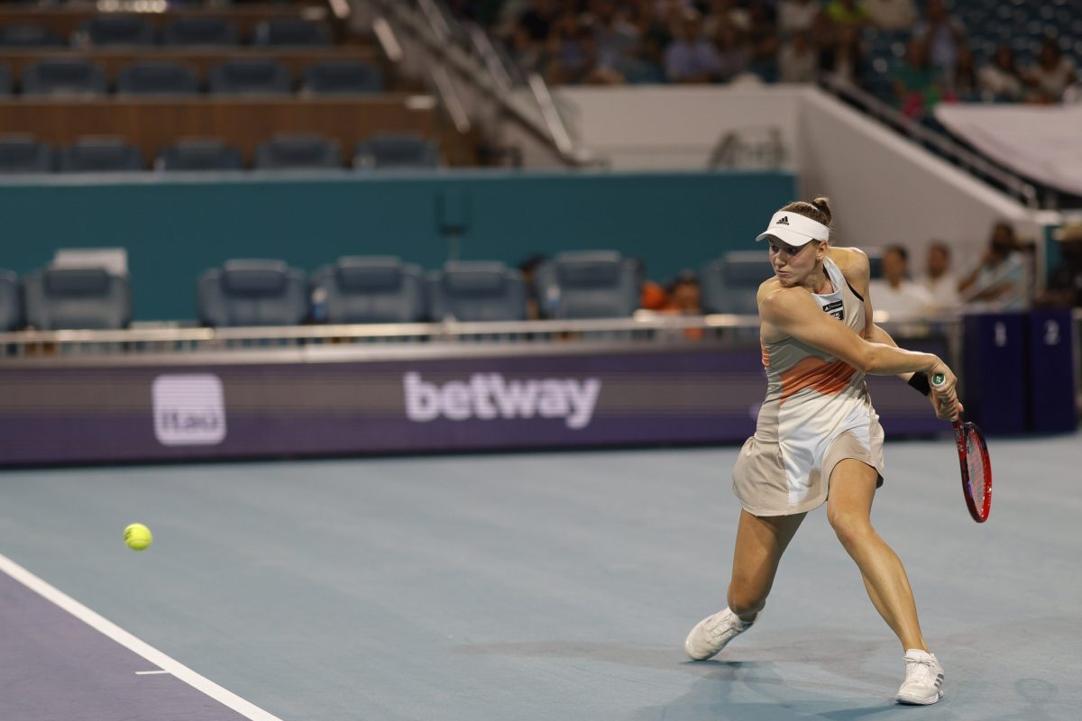 Elena Rybakina in action at the WTA Miami Open.