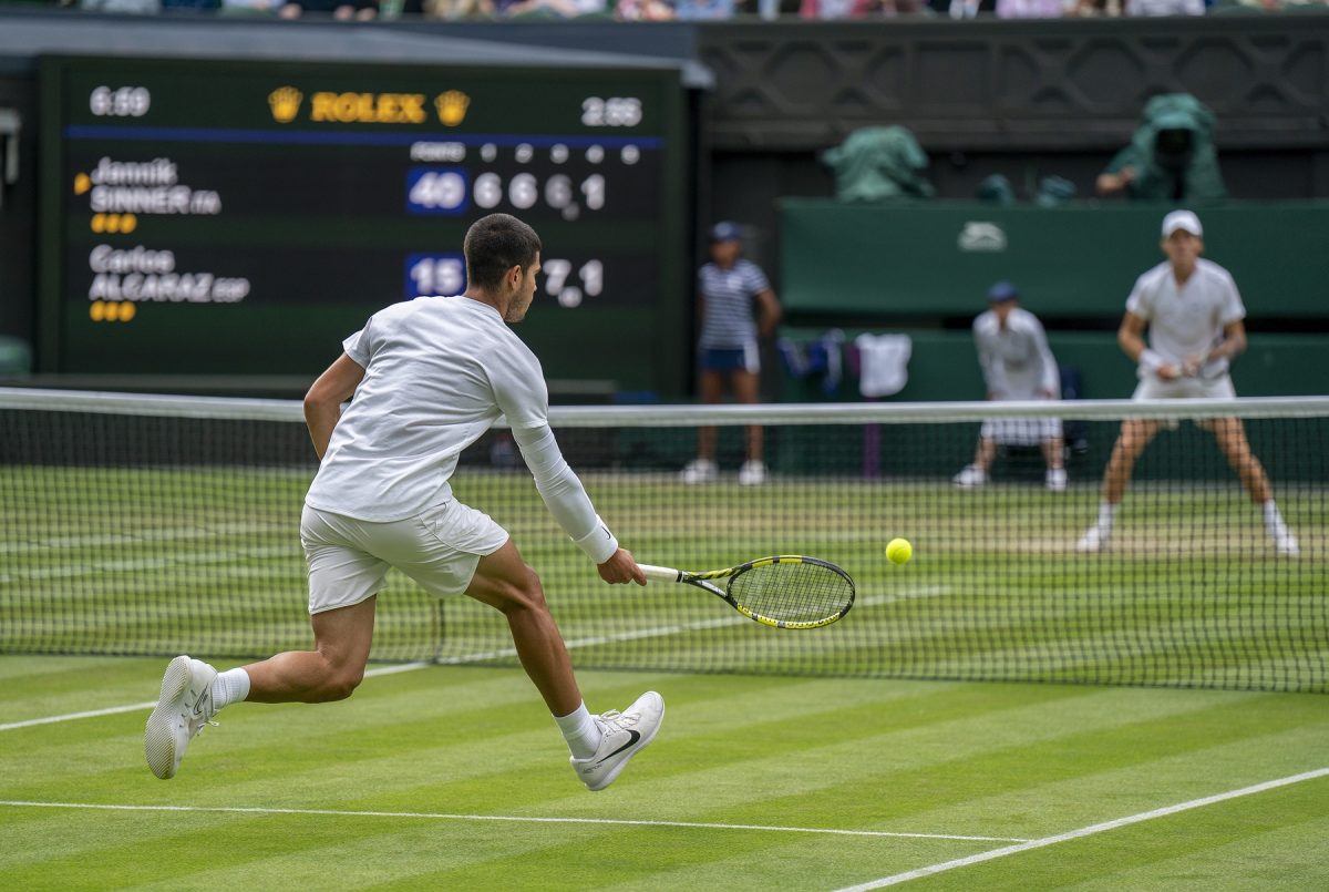 Carlos Alcaraz in action at Wimbledon.
