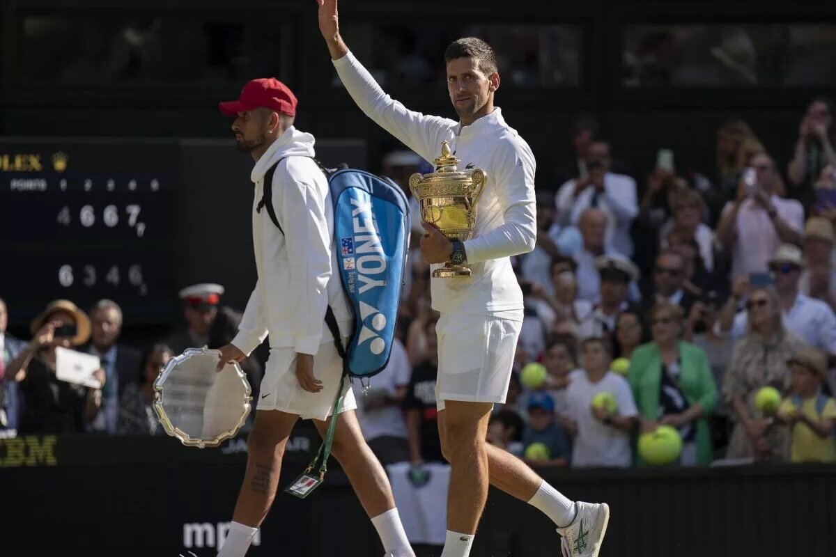 Novak Djokovic and Nick Kyrgios at Wimbledon.