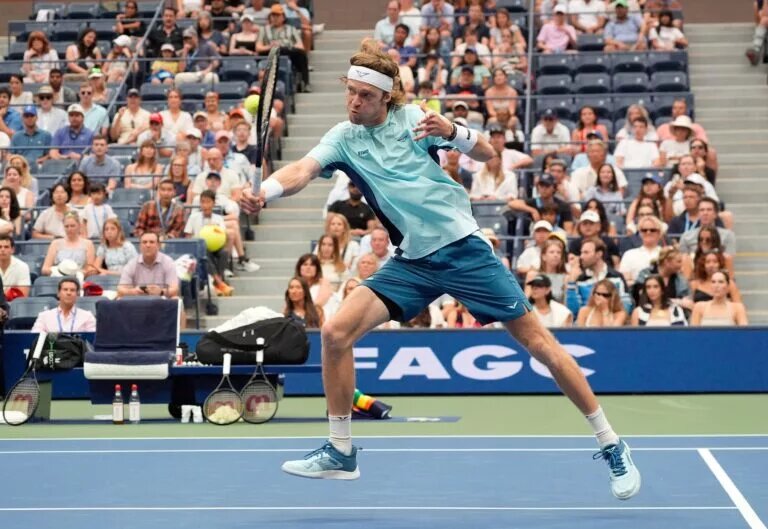 Andrey Rublev in action ahead of ATP Montpellier.