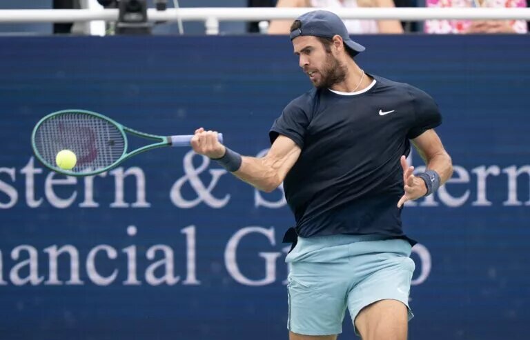 Karen Khachanov in action ahead of ATP Marseille.