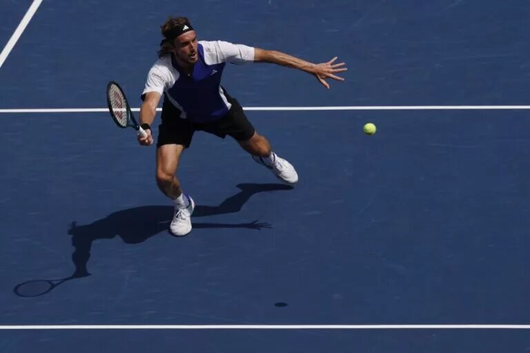 Stefanos Tsitsipas in action ahead of the ATP Dubai Tennis Championships.