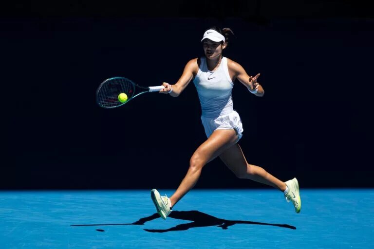 Emma Raducanu in action ahead of WTA Doha.