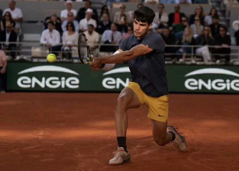 Carlos Alcaraz in action ahead of the ATP Monte Carlo Masters.