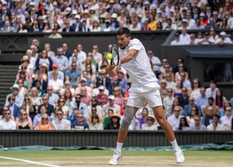Novak Djokovic in action at Wimbledon.