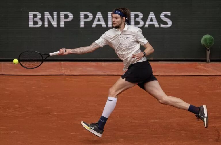 Alexander Bublik in action ahead of ATP Gstaad, at the French Open.