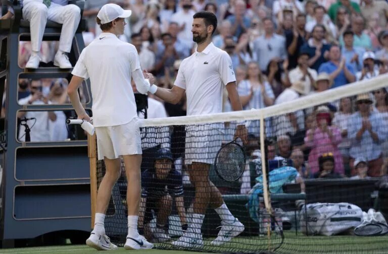 Novak Djokovic and Jannik Sinner at Wimbledon.