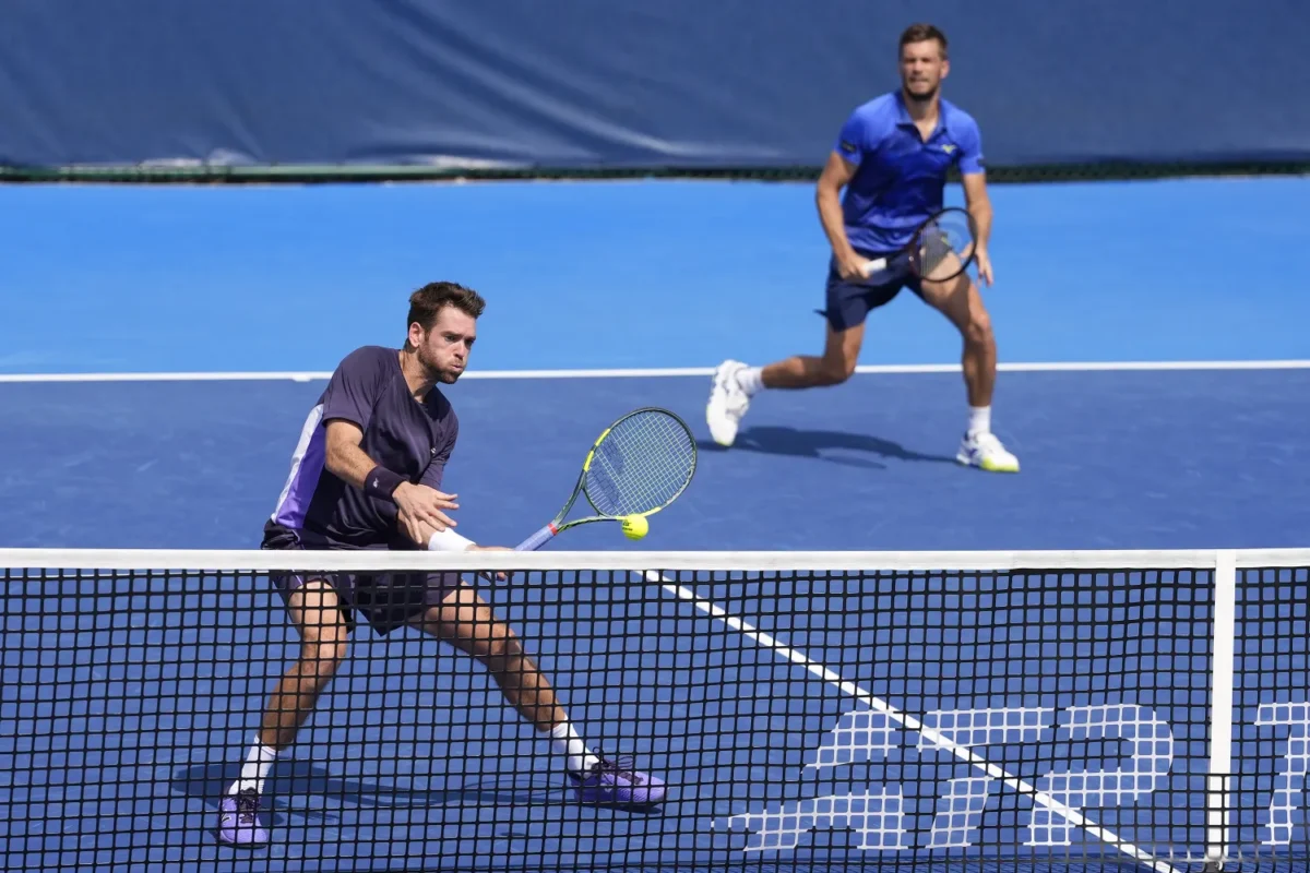 Austin Krajicek and Nikola Mektic in doubles action at the ATP Delray 2026